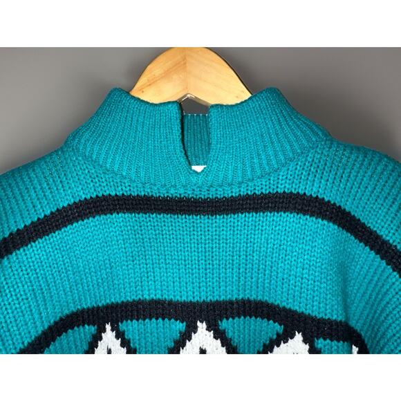 Vtg 80s 90s Pretense Sweater Green Knit Pullover Geometric Stripes Diamonds Sz M - Picture 3 of 9